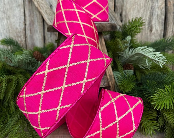 2.5" Hot Pink Gold Lattice Ribbon, Hot Pink Ribbon, Hot Pink Christmas Ribbon, Lattice Ribbon,  94563W-904-40D
