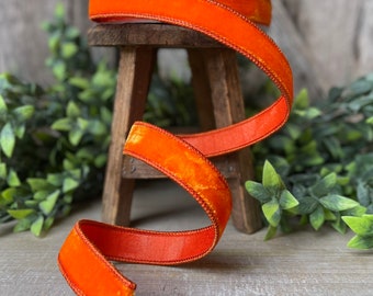 1” Orange Velvet Ribbon, Halloween Ribbon, Fall Ribbon, Farrisilk Velvet, Orange Velvet, Velvet Ribbon, Orange Ribbon, wired ribbon