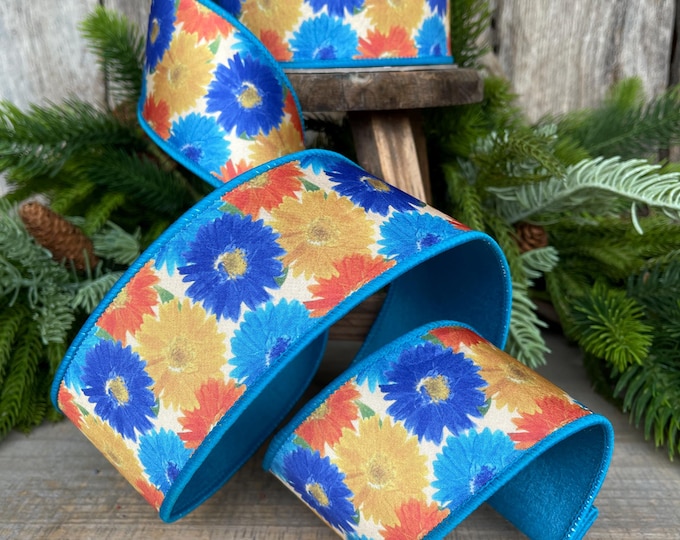 2.5" Vibrant Daisies Ribbon, Farrisilk Ribbon, Blue Yellow Ribbon, Designer Ribbon, Turquoise Ribbon, Floral Ribbon, SR084-32