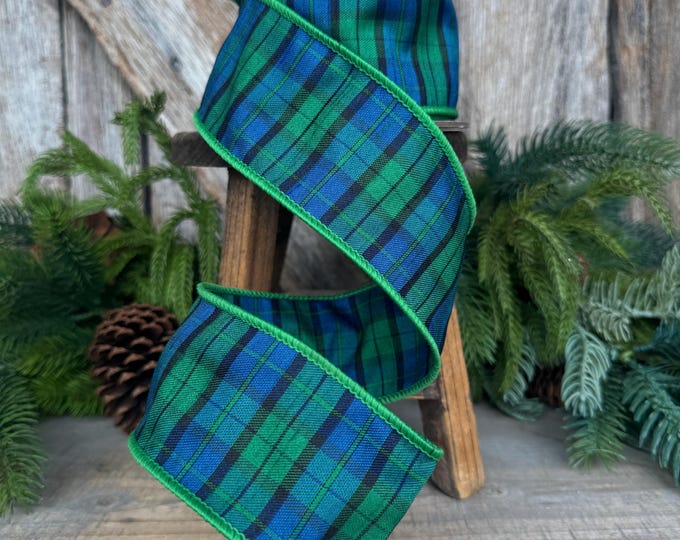 2.5" Blue Green Christmas Plaid Ribbon, Black Watch Plaid Ribbon, Navy Blue Plaid