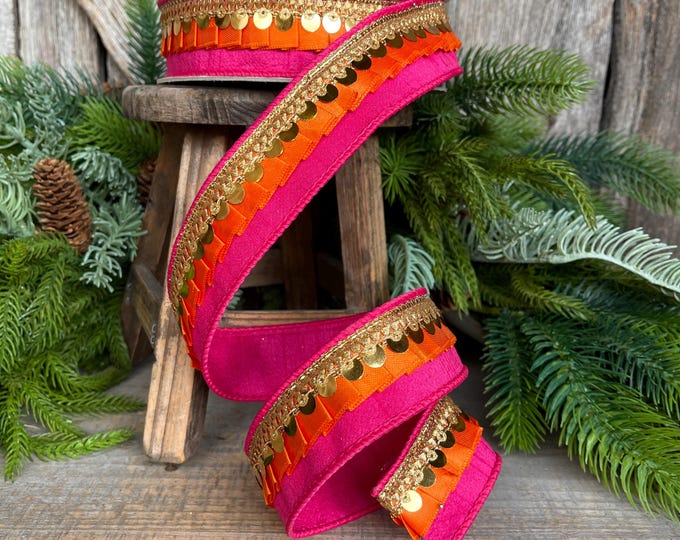 1" Pink Orange Festive Frills, Farrisilk RIbbon, Pink Orange Gold RIbbon, Christmas Ribbon, Hot Pink Ribbon, Designer Ribbon, RK783-52