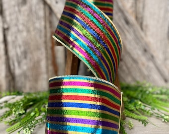 4” jewel tone stripe ribbon, colorful ribbon, wired ribbon, Christmas ribbon, wreath ribbon, metallic ribbon, rainbow stripe