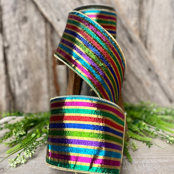 4” jewel tone stripe ribbon, colorful ribbon, wired ribbon, Christmas ribbon, wreath ribbon, metallic ribbon, rainbow stripe