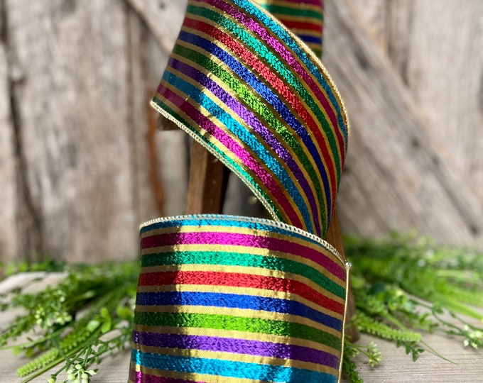 4” jewel tone stripe ribbon, colorful ribbon, wired ribbon, Christmas ribbon, wreath ribbon, metallic ribbon, rainbow stripe