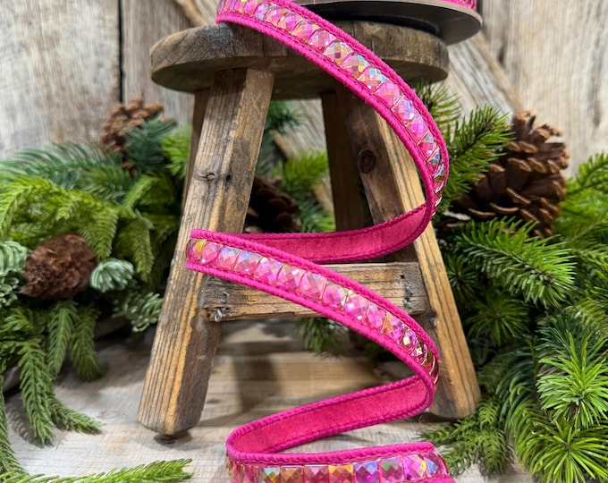 3/4" Hot Pink Gemstone Ribbon, Farrisilk Aurora Gemstones, Hot Pink Jeweled Ribbon