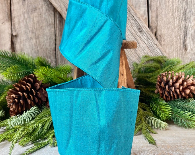 4" Turquoise Ribbon, Ribbon, Teal Shimmer Ribbon, Christmas Ribbon, Designer Ribbon, Wired Ribbon, Wreath Supply, Crafts