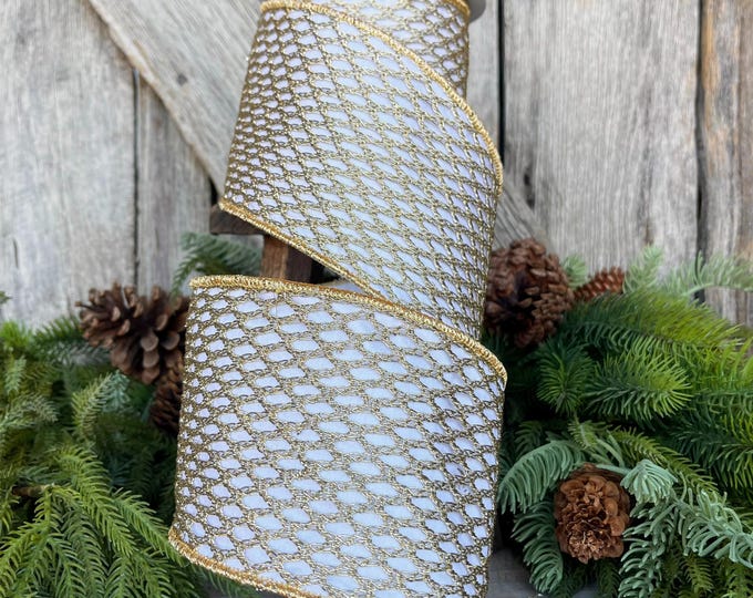 4" White Gold Ribbon, Farrisilk Ribbon, Gold lattice ribbon, REgal Gold Ribbon, Wired RIbbon, Gold Christmas Ribbon, RC102-43