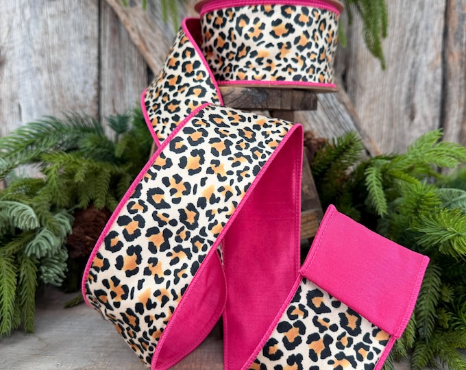 2.5" Leopard Velvet Wired Ribbon, Hot Pink Backing, 10 Yard Roll