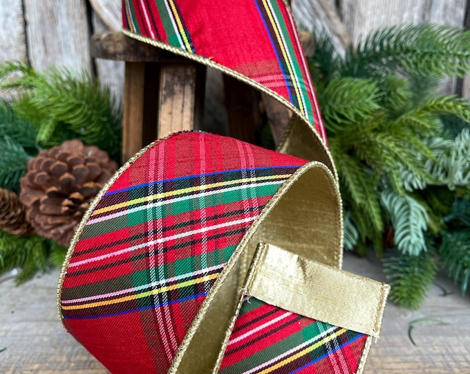 2.5" Traditional CHristmas Plaid, Wired Ribbon, Red Blue Chirstmas Plaid RIbbon, RIbbon for Treee, Christmas Plaid