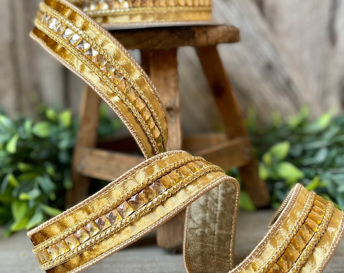 1.5" Gold Gemstones, Farrisilk, Gold Jeweled RIbbon, Gold Ribbon, Gold Christmas Ribbon, Designer RIbbon, Farrisilk Gemstone Ribbon