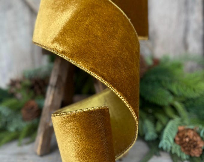 4" Antique Gold Wired Ribbon, Farrisilk Ribbon, Velvet Ribbon, Gold Velvet Ribbon, Christmas Ribbon, Wired Ribbon, Holiday Decor, RV003-09