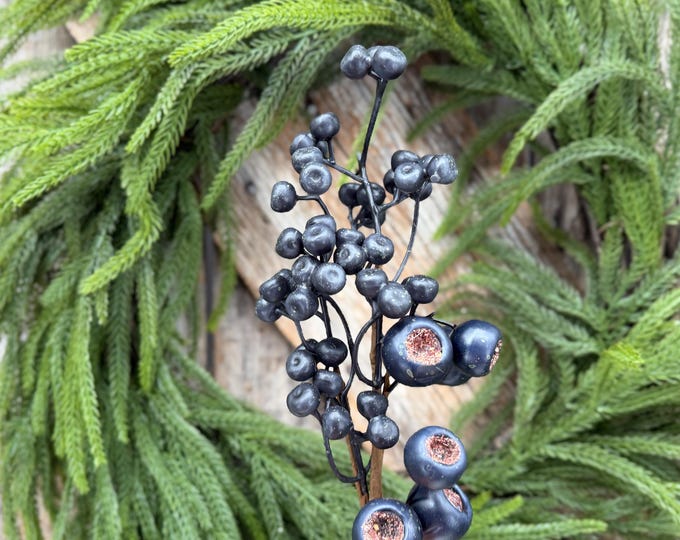16" Dark Blue Berry Pick – Rustic Blueberry Christmas Floral Stem