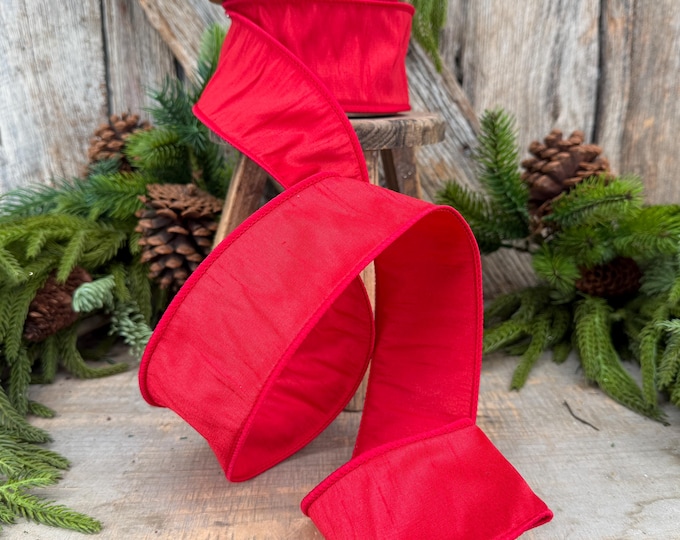 2.5" Red Wired Dupioni Ribbon, 10 Yard Roll, Christmas ribbon