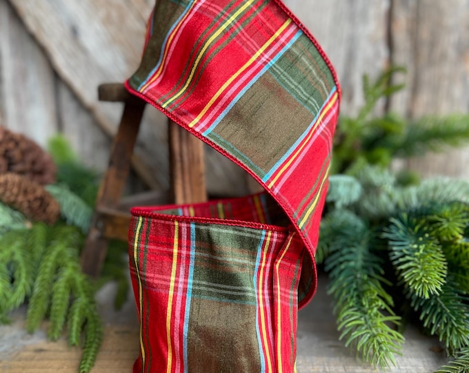 4" Traditional CHristmas Plaid, Wired Ribbon, Red Green Chirstmas Plaid RIbbon, RIbbon for Treee, Christmas Plaid