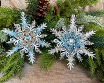 Set of 2 Blue Ornaments, Shatterproof Ornamnents, Blue Christmas Ornaments, Snowflake Ornaments