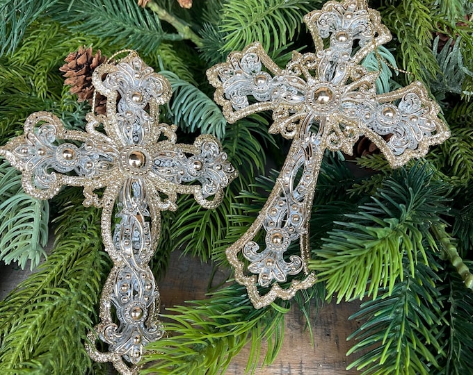 6" Cross Ornaments, Gold Silver Cross Ornament, Religious Ornaments, Christmas Ornaments, Christmas Gift, Christmas Decor