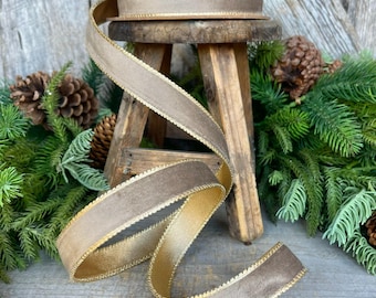 1" Mink Brown Velvet RIbbon, Wired Ribbon, Champagne Gold Velvet Ribbon, Christmas Velvet Ribbon, Fall Ribbon, Designer Velvet Ribbon
