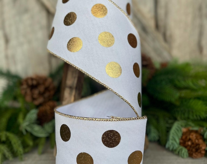4" Gold Polka Dot Ribbon, Christmas tree ribbon, Farrisilk Ribbon, Wired Ribbon, Wreath Supply, Christmas Ribbon, Christmas Decor, RA745-50