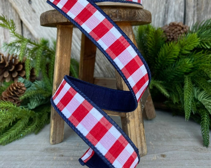 1" Patriotic Ribbon, D Stevens Ribbon, Red white blue check ribbon, Wreath Supply, Designer Ribbon, Red White Ribbon, 07-1818, 4th of July,