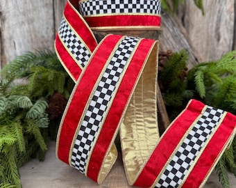 2.5" Red Velvet Black White Check Wired Ribbon | Gold Backing | 10 Yards
