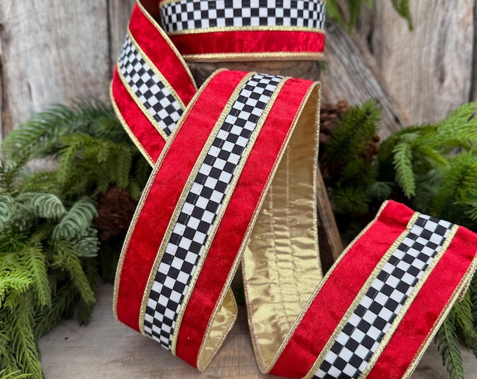 2.5" Red Velvet Black White Check Wired Ribbon | Gold Backing | 10 Yards