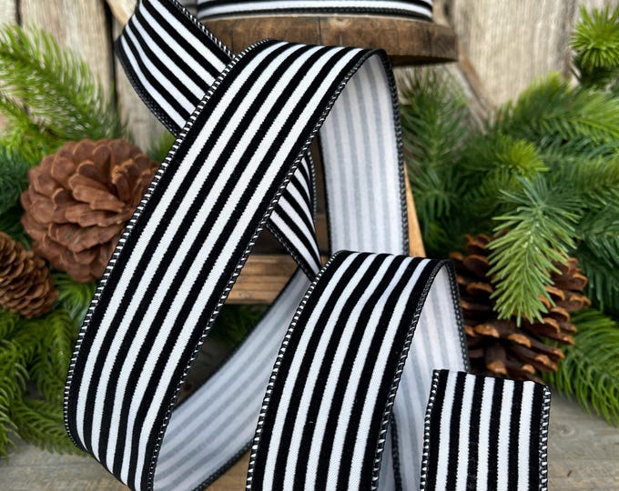1.5" Black White Stripes Ribbon, Farrisilk Ribbon, Designer Ribbon, Christmas Ribbon, Wired RIbbon, Wreath supply, RS109-92