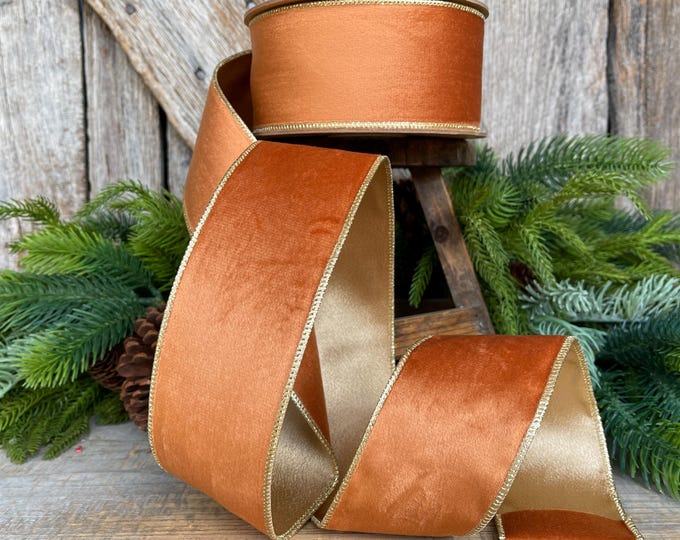 Copper Brown Velvet Wired Ribbon: 2.5" Fall Christmas Decor