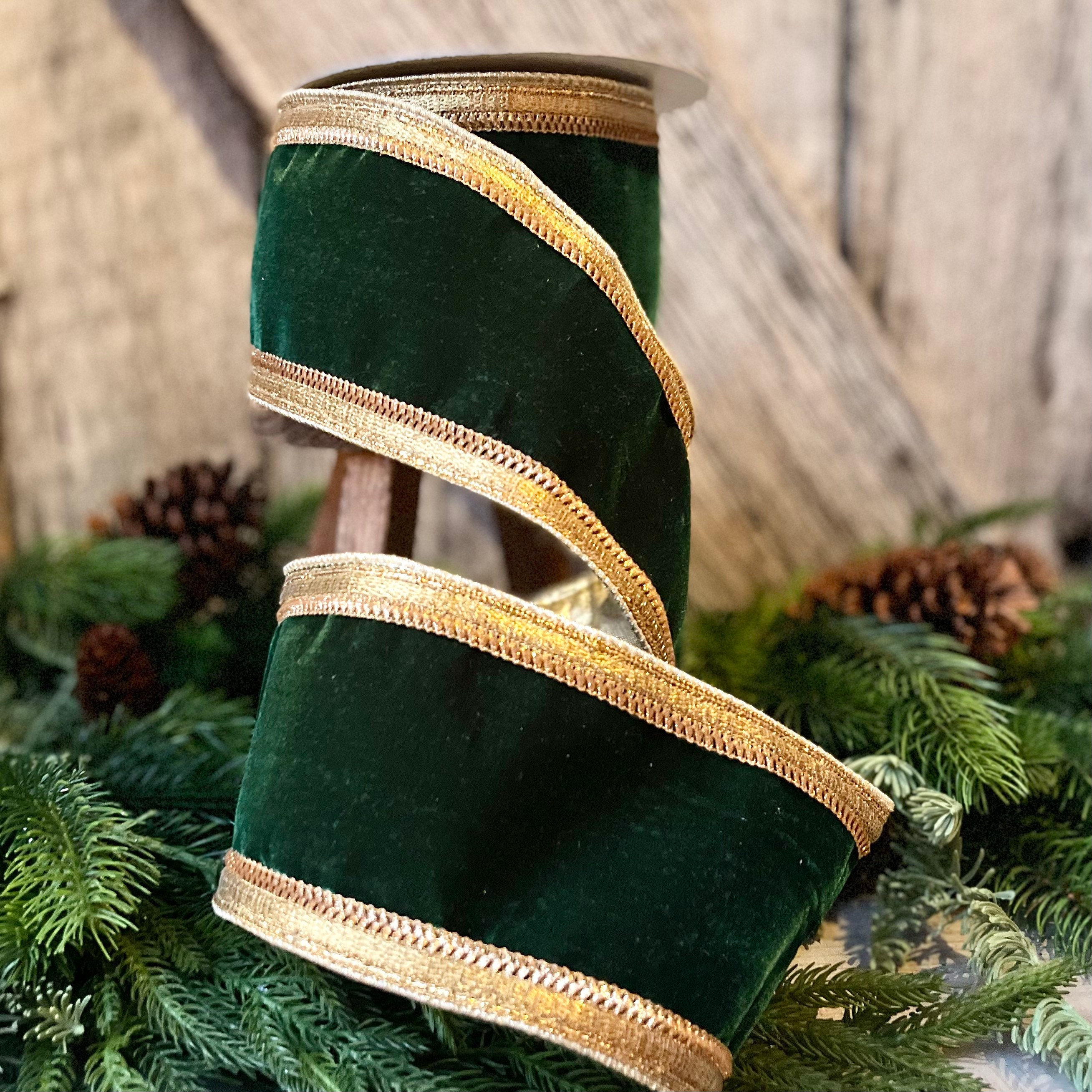 4 Emerald Green Velvet with Gold Borders, Christmas Tree Ribbon, Velvet