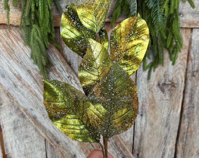 25" Green Metallic Magnolia Leaf Spray, Christmas Tree Spray