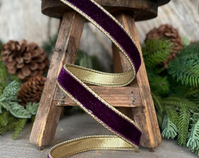 3/4" Purple Flashy Velvet, Farrisilk Ribbon, Wired Ribbon, Purple Velvet Ribbon, Purple and Gold Velvet, Christmas Ribbon, RG074-27