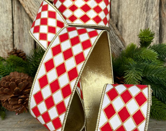 2.5" Red and White Harlequin Ribbon, Christmas Ribbon