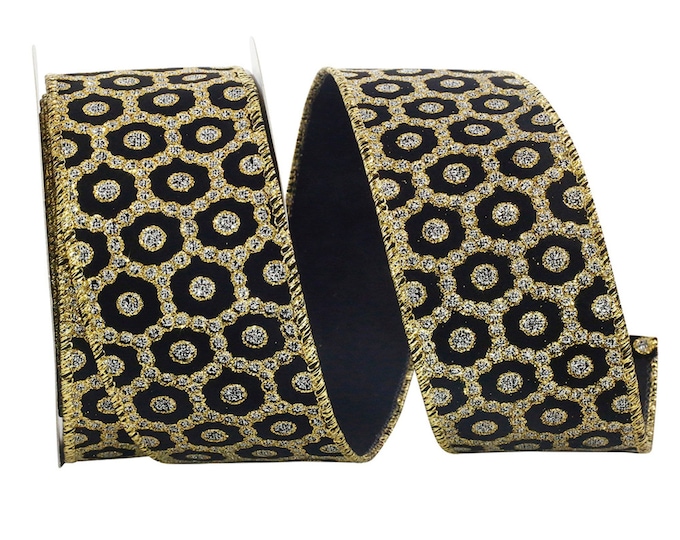 Missing Endcaps, 2.5" Black with Roccoco Gold Silver Wired Ribbon, Christmas Ribbon, Wired Ribbon, Ribbon for Christmas Tree, Gray Ribbon