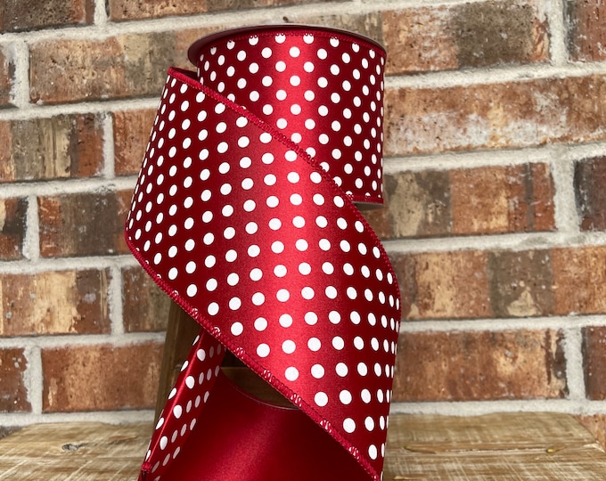 Red and White Polka dot ribbon, Farrislk Mini Dots, 10 yards, 4 inch ribbon, thick wired ribbon, Christmas Ribbon, Holiday ribbon, Christmas