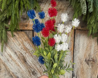 19" Patriotic Floral Bush, Red White Blue Pom Pom Bush
