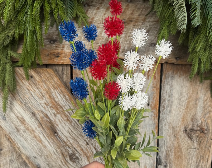 19" Patriotic Floral Bush, Red White Blue Pom Pom Bush