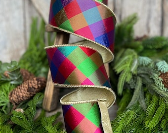 2.5" Color Checks Christmas RIbbon, Colorful Ribbon, Designer Ribbon, Red Metallic Checks Ribbon, Wired Ribbon, CHristmas Tree Ribbon, Red