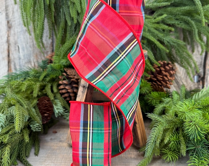 4" Dusty Blue Christmas Plaid Ribbon, Wired Ribbon, Red Blue Chirstmas Plaid RIbbon