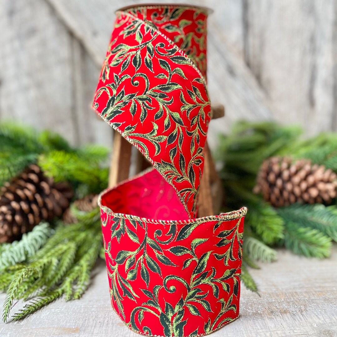 4 Red Flocked Exquisite Scroll Ribbon, Red With Emerald Green Scroll