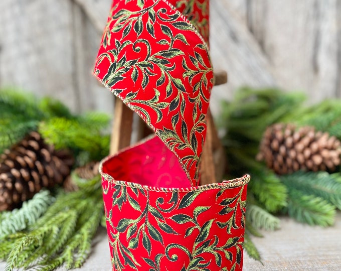 4" Red Flocked Exquisite Scroll Ribbon, Red with Emerald Green Scroll Pattern, Christmas Ribbon, Wired RIbbon, Christmas Tree Ribbon