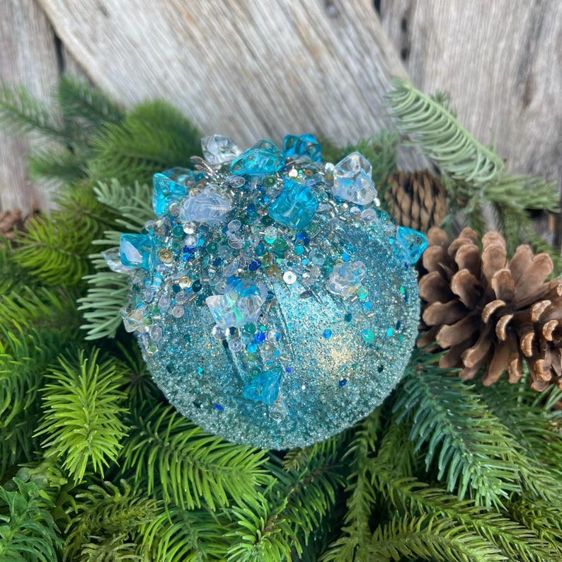 5 Blue Sugar Crystal Bejeweled Ornament, Blue Ornament, Farrisilk