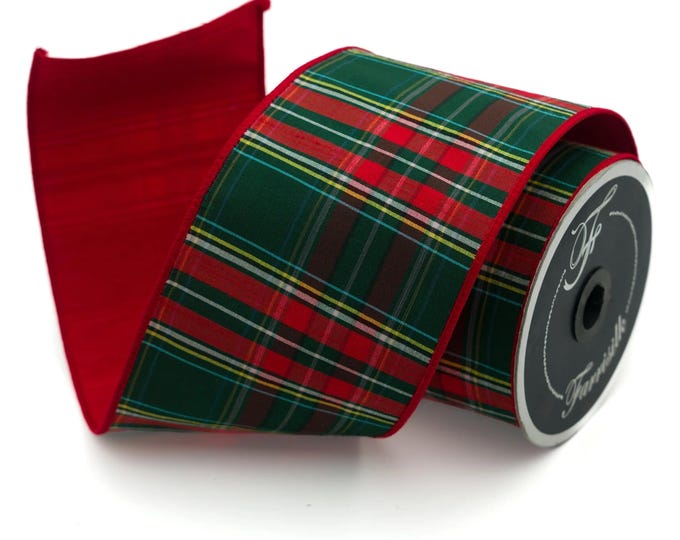 4" Red Green Plaid Ribbon, Farrisilk Ribbon, Scottish Plaid, Christmas Plaid Ribbon, Christmas Tree Ribbon,RK388-02