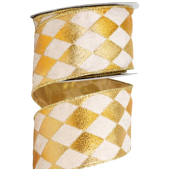 2.5" Gold Harlequin Ribbon, Velvet Diamond Ribbon, Gold and Cream Harlequin Ribbon, Mardi Gras Ribbon, Wried Ribbon, Designer Ribbon, Velvet