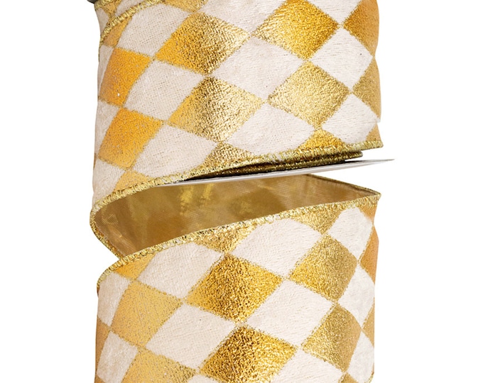 2.5" Gold Harlequin Ribbon, Velvet Diamond Ribbon, Gold and Cream Harlequin Ribbon, Mardi Gras Ribbon, Wried Ribbon, Designer Ribbon, Velvet