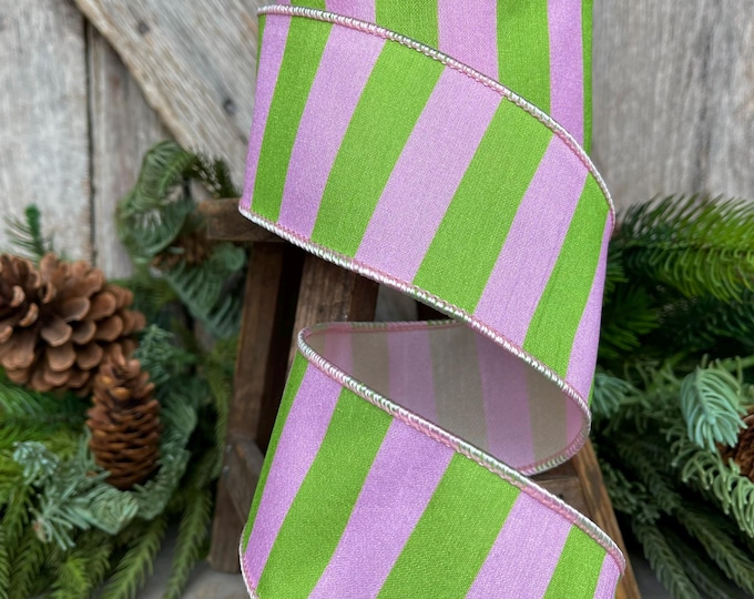 2.5" Pink Green Stripe Ribbon, Wired RIbbon, Pink Wired RIbbon, SPring Ribbon, 2 Tone Ribbon, Easter Ribbon, Designer Ribbon, 94544W-153-40F