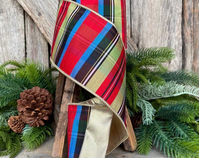 Nutcracker Plaid Wired Ribbon - Christmas Tree Ribbon, 4" x 10 Yards
