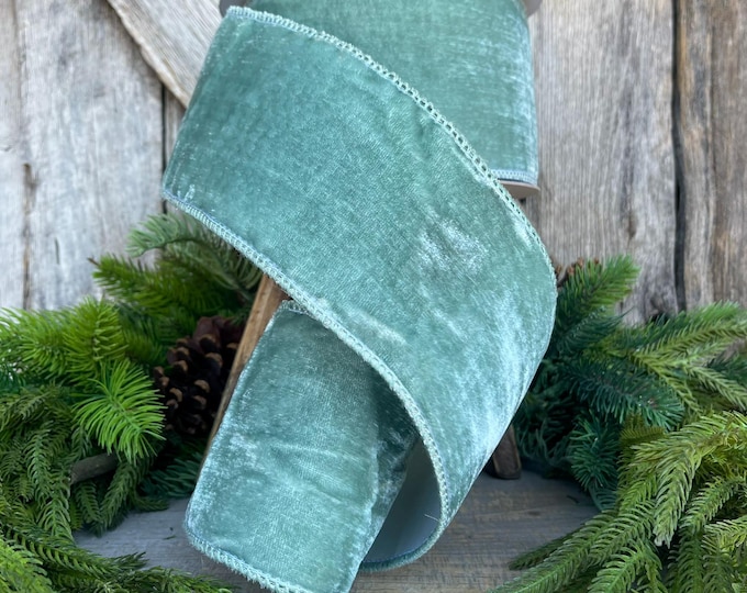 4" Aqua Celadon Velvet, Christmas Velvet, Blue Green Velvet, Teal Velvet Ribbon, Wired Ribbon, Designer Ribbon, Velvet Ribbon