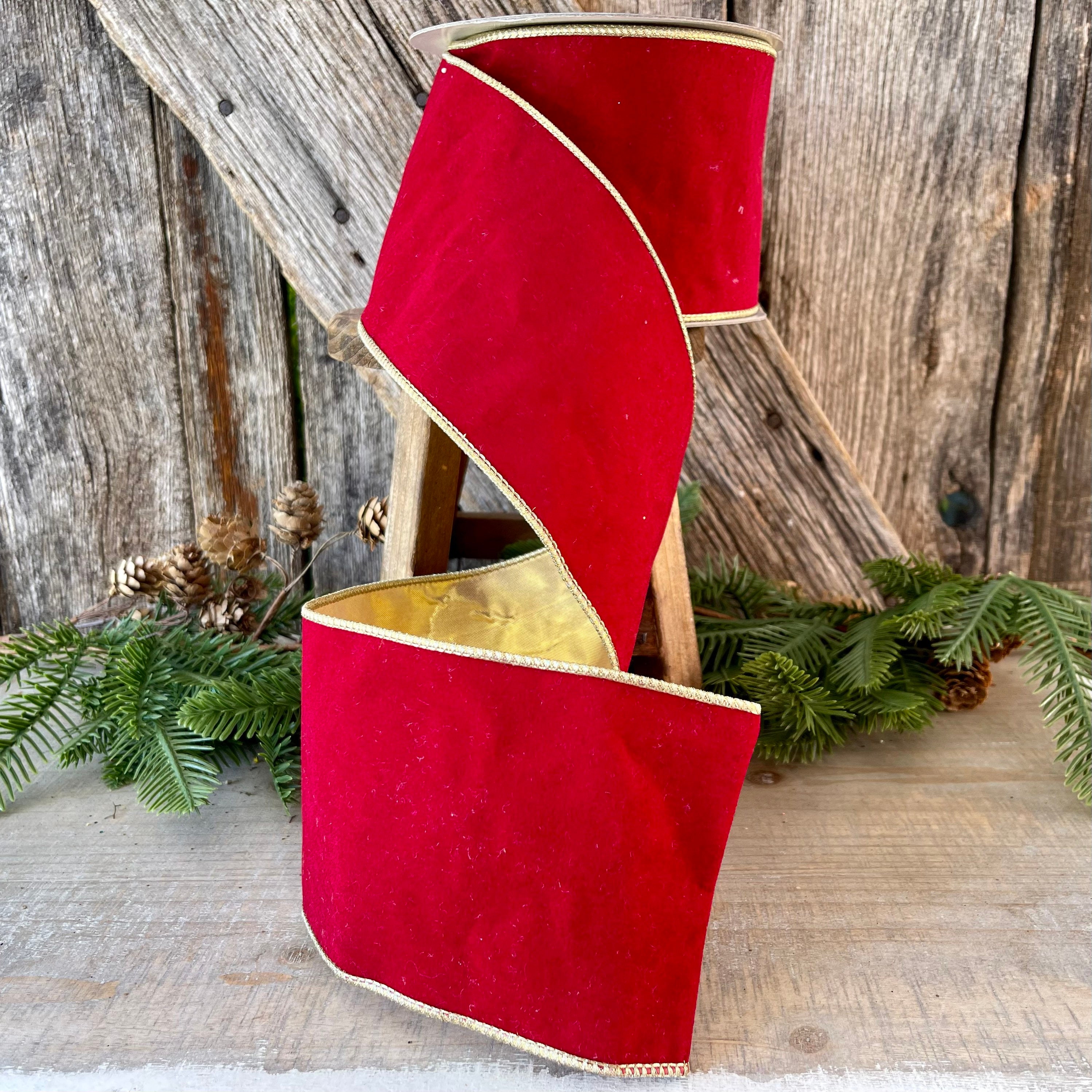 4 Farrisilk Flocked Deep Red Velvet, Christmas Tree Ribbon, Wreath ...