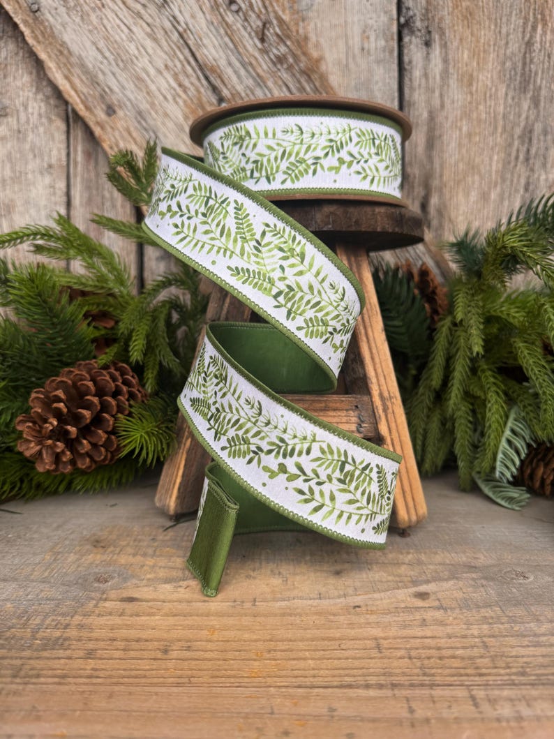1.5" Green Leaf Ribbon, Wired Ribbon, Spring Ribbon, Wedding Ribbon, Everyday Ribbon, Green LEaf Ribbon, Green White Ribbon image 11
