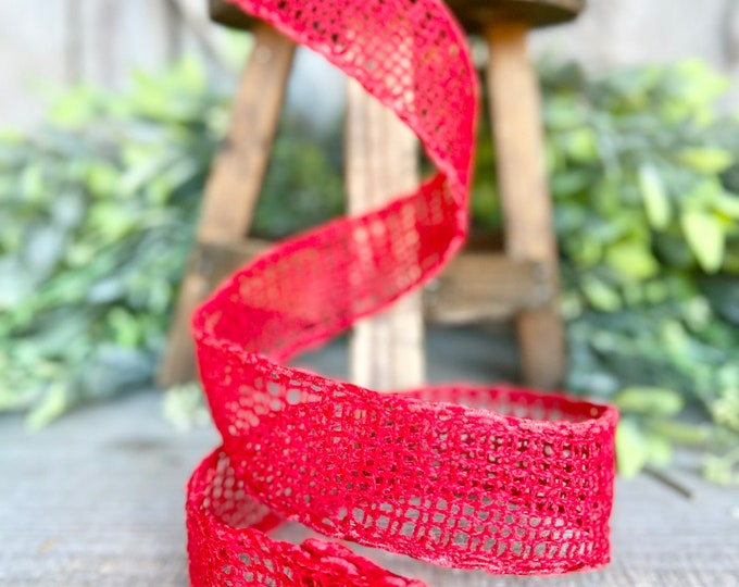 1.5" Red Vibrant Weave Ribbon, Ribbon, Red Burlap Ribbon, Wired RIbbon, Patriotic Ribbon, Rustic Ribbon, Red Ribbon