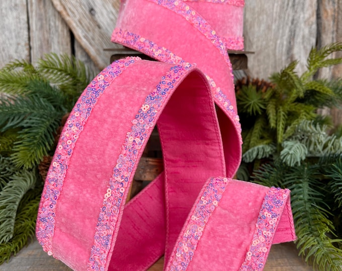 2.5" Pink Velvet Ribbon,  Bubblegum Pink Ribbon with Iridescent Border